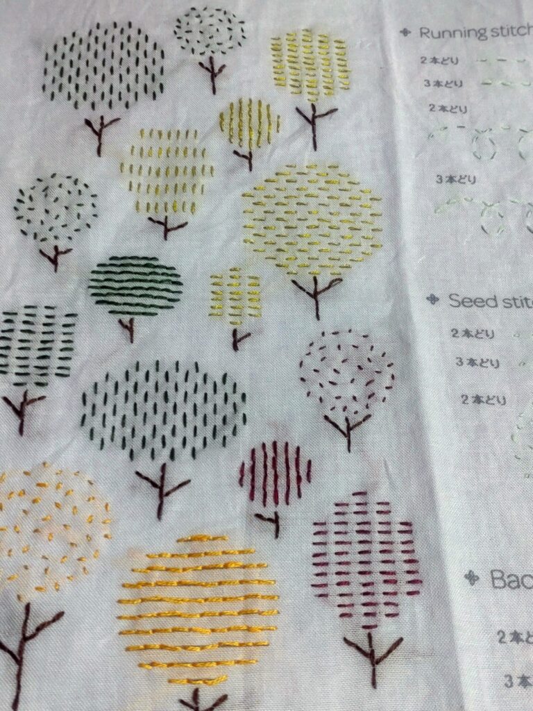 セリアの刺しゅうプリントクロス（ランニングステッチ/木の図案）