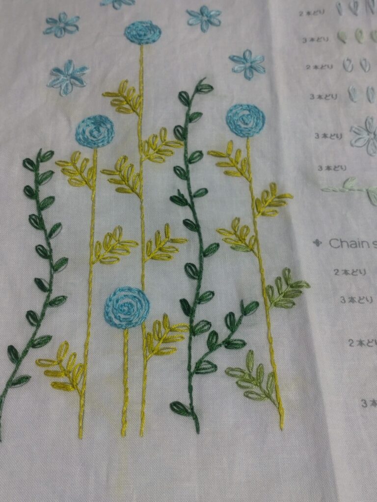 セリアの刺しゅうプリントクロス（チェーンステッチ/花の図案）
